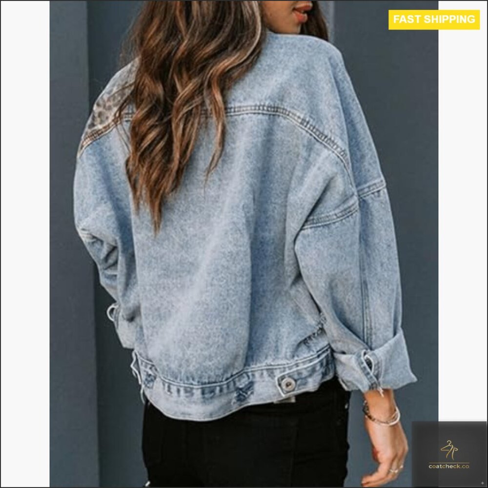 Distressed Denim Jacket Leopard Patchwork Cropped… - image 6